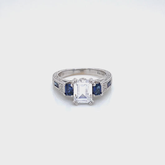 Kirk Kara White Gold "Charlotte" Blue Sapphire Diamond Three Stone Engagement Ring Full Shot Video