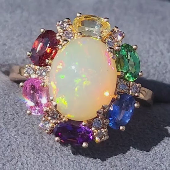 Video of Le Vian Neopolitan Opal Oval Rainbow Sapphire Halo Diamond Ring