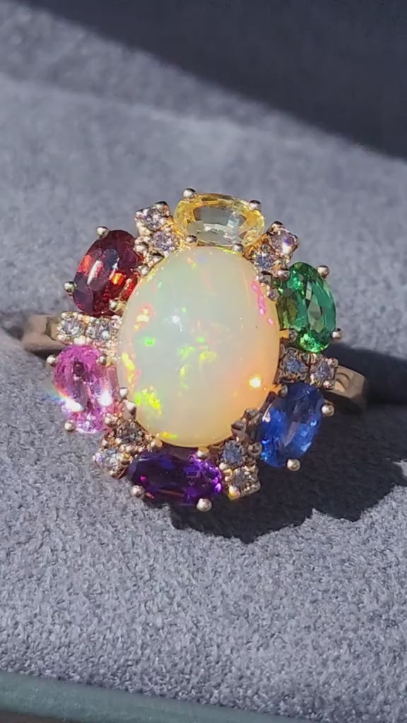 Video of Le Vian Neopolitan Opal Oval Rainbow Sapphire Halo Diamond Ring