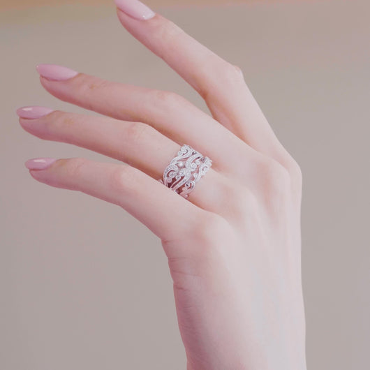Kirk Kara White Gold "Angelique" Scroll Work Diamond Wedding Band On Model Hand 