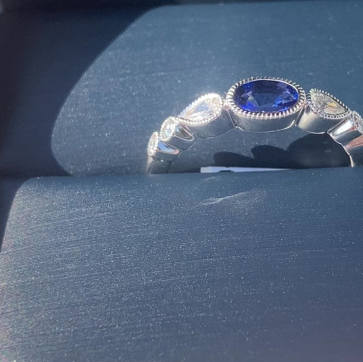Simon G. Oval Cut Bezel Set Blue Sapphire and Diamond Ring Video In Box 