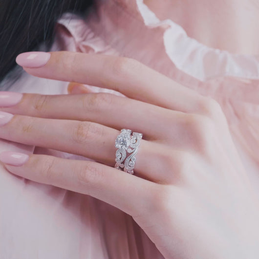 Kirk Kara White Gold "Angelique" Scroll Work Diamond Engagement Ring Set On Model Hand Video