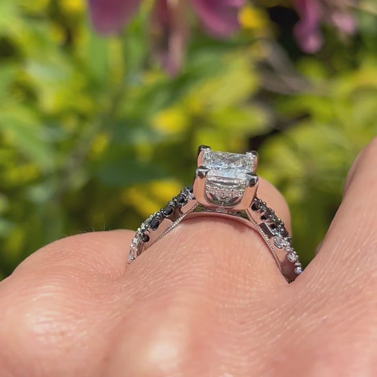 Video of Ben Garelick 14K White Gold Large Luna Twist Hidden Halo Princess Cut Center Black & White Diamond Engagement 
