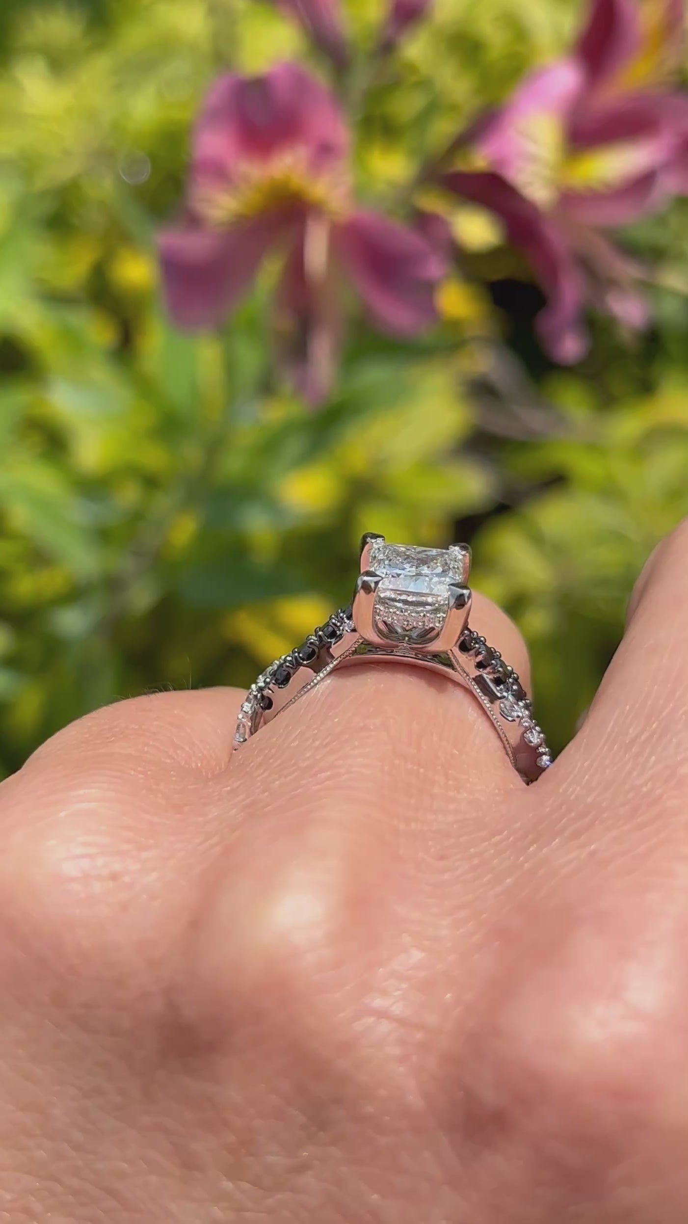 Video of Ben Garelick 14K White Gold Large Luna Twist Hidden Halo Princess Cut Center Black & White Diamond Engagement 