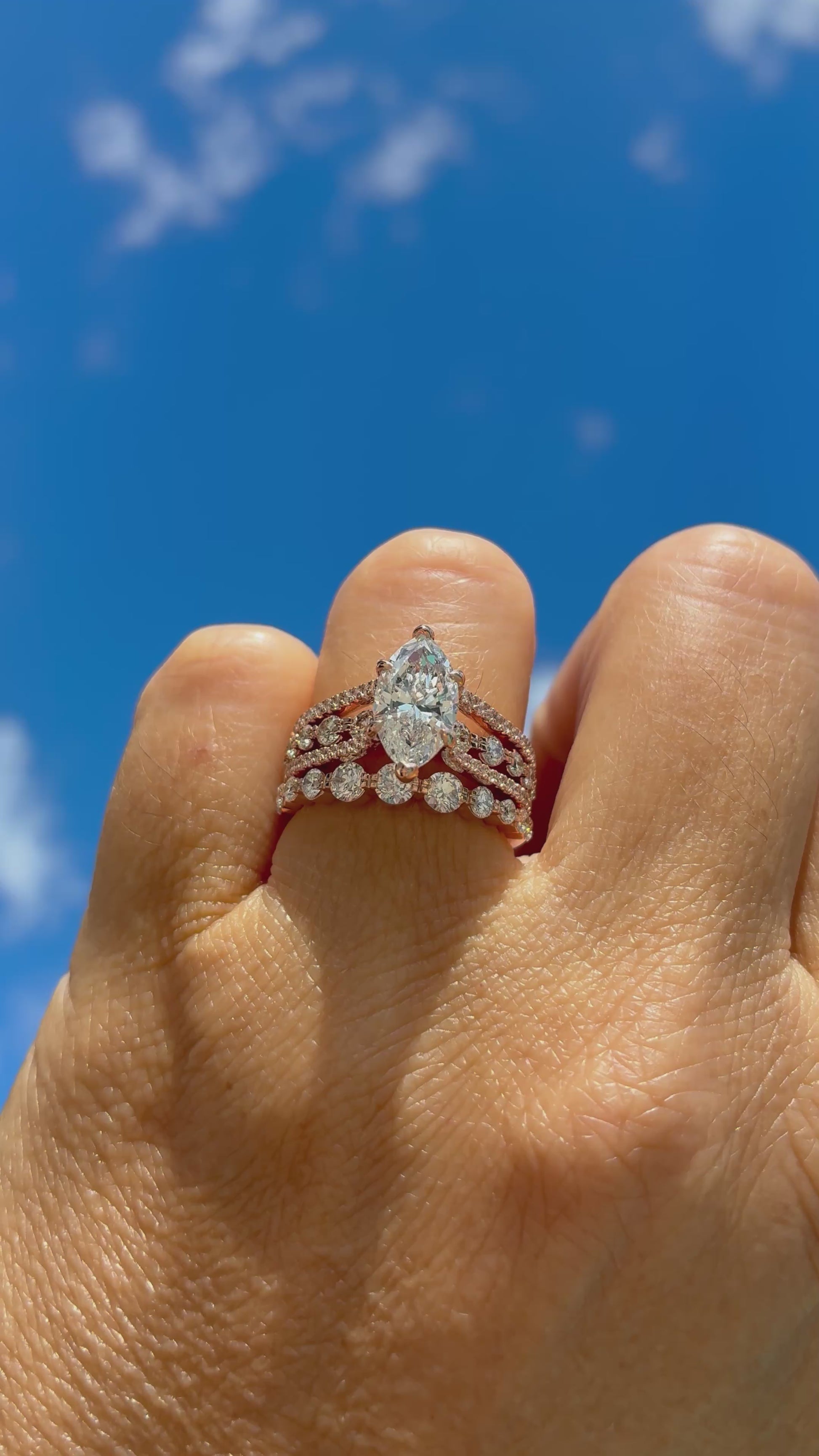 Video of the Ben Garelick Bianca Marquise Three Row Diamond Wedding Ring Set on Finger