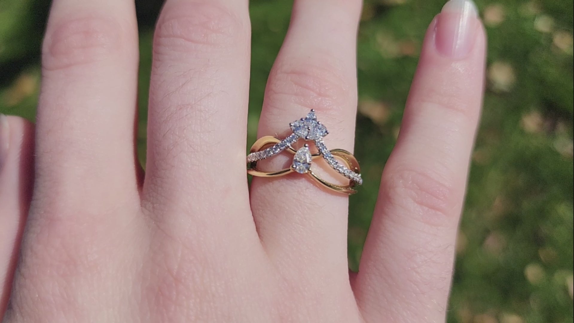 Simon G. Two-Tone "Crown" Pear & Marquise Cut Diamond Cocktail Ring on Finger