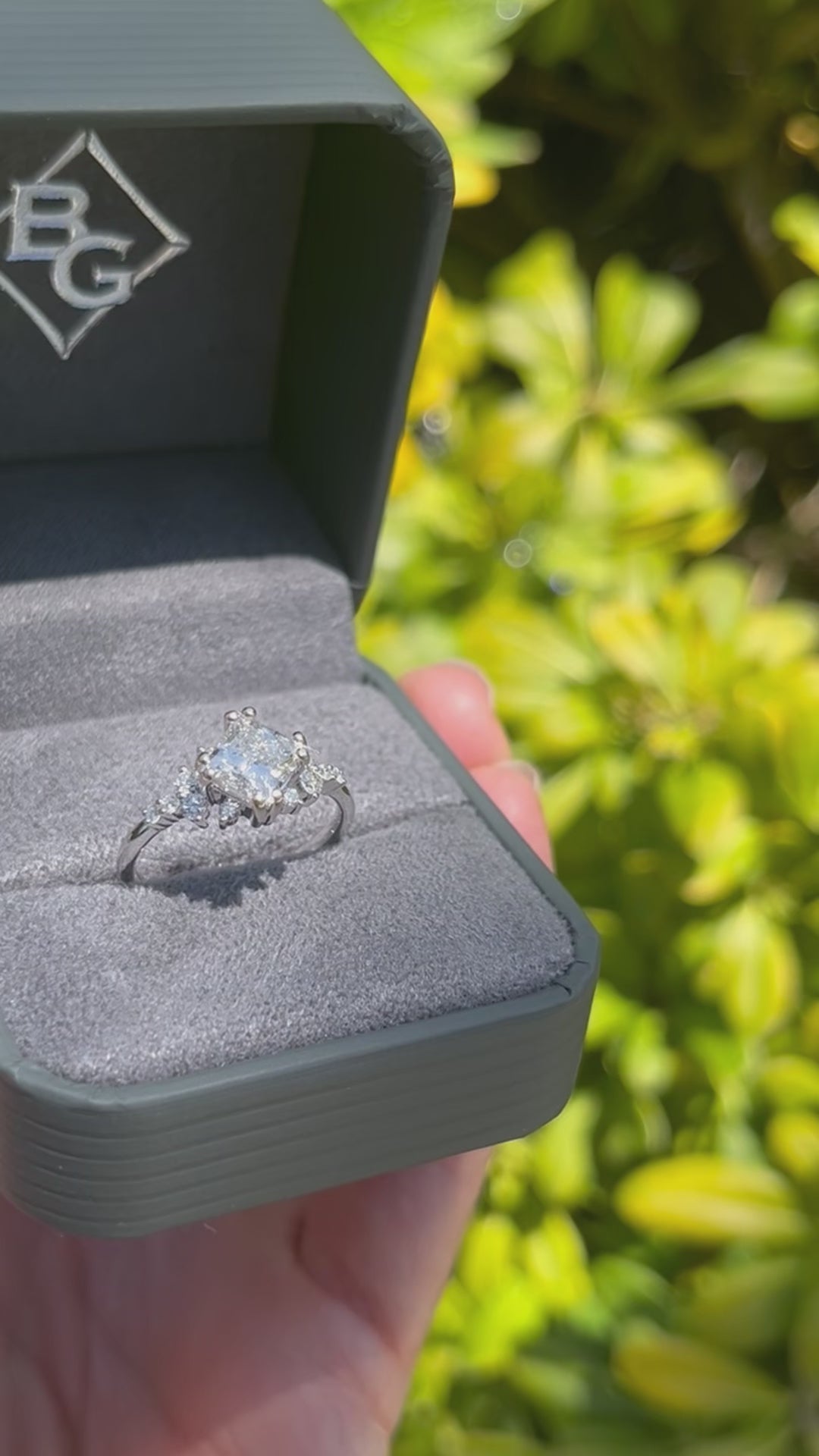 Video of Ben Garelick White Gold Compass Set Princess Cut Starlight Engagement Ring in a Ben Garelick Ring Box