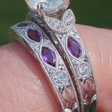 Load and play video in Gallery viewer, Kirk Kara White Gold &quot;Dahlia&quot; Marquise-Cut Vintage Amethyst Diamond Engagement Ring Set On Hand and in Box Video
