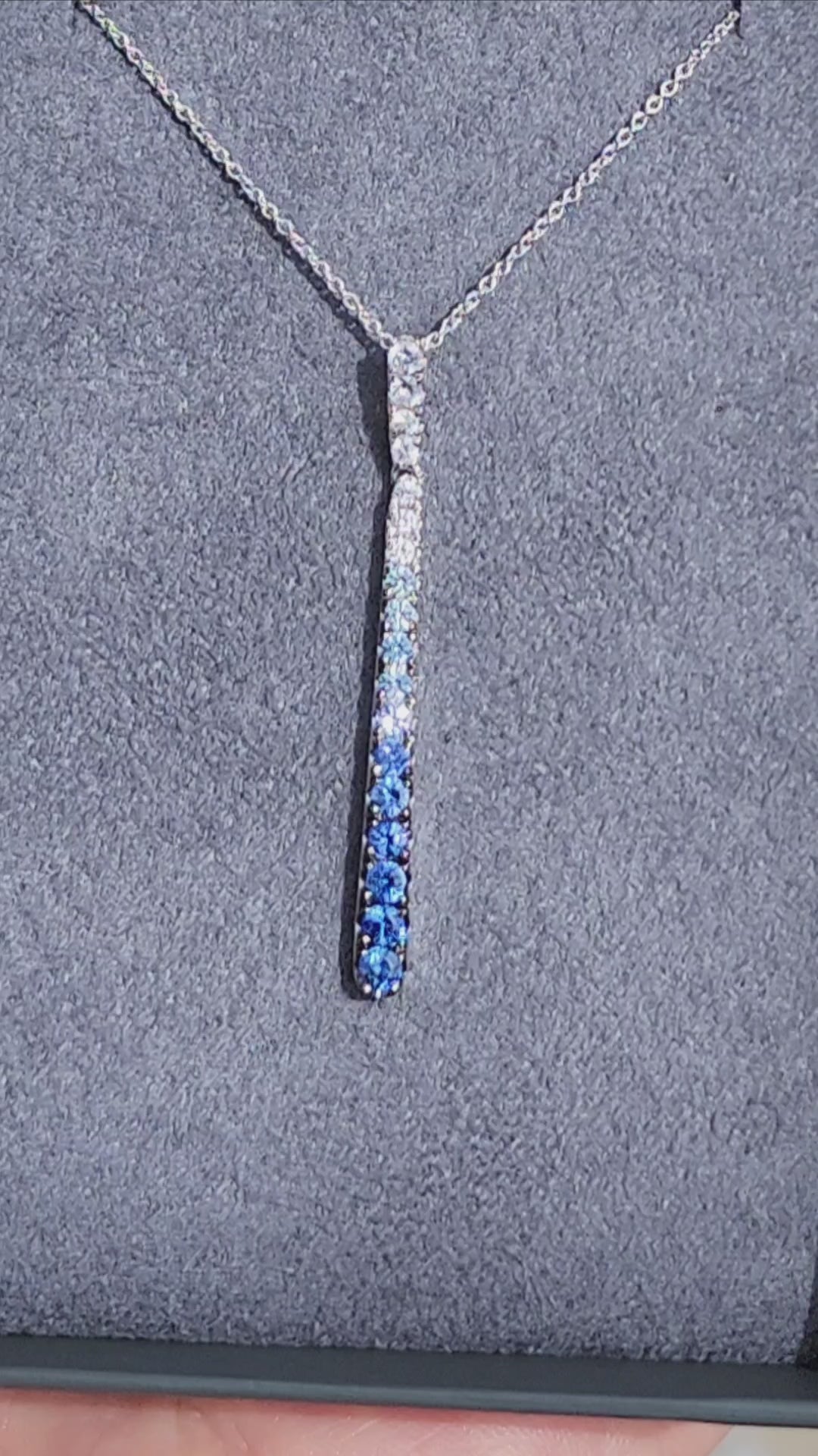 Video of Le Vian Denim Ombre Graduating Sapphire Pendant in a Pendant Box