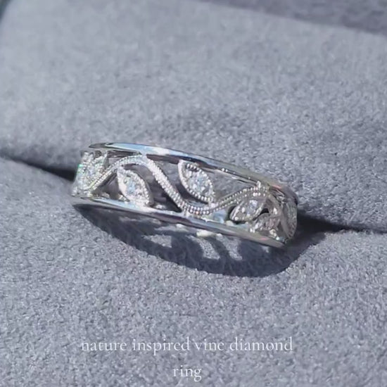 Simon G. Filligree White Gold Diamond Wedding Band with Scrollwork Vine Design