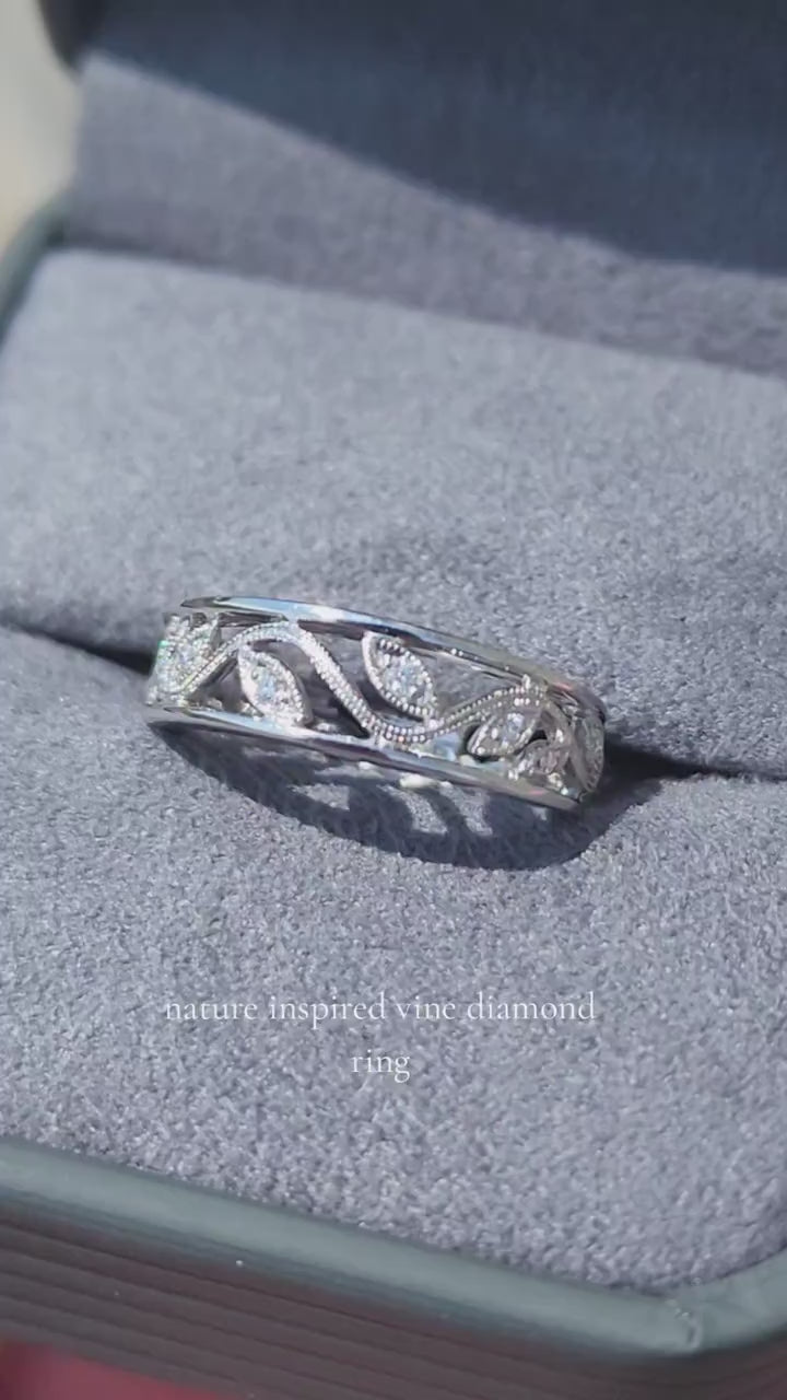 Simon G. Filligree White Gold Diamond Wedding Band with Scrollwork Vine Design