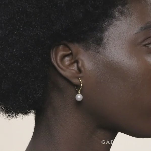 Video of Gabriel & Co. 14K Yellow Gold Bujukan White Color Freshwater Round Pearl Huggie Drop Earrings on Ear 