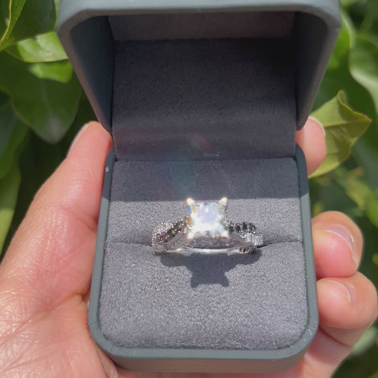 Video of Ben Garelick 14K White Gold Large Luna Twist Hidden Halo Princess Cut Center Black & White Diamond Engagement in Ring Box