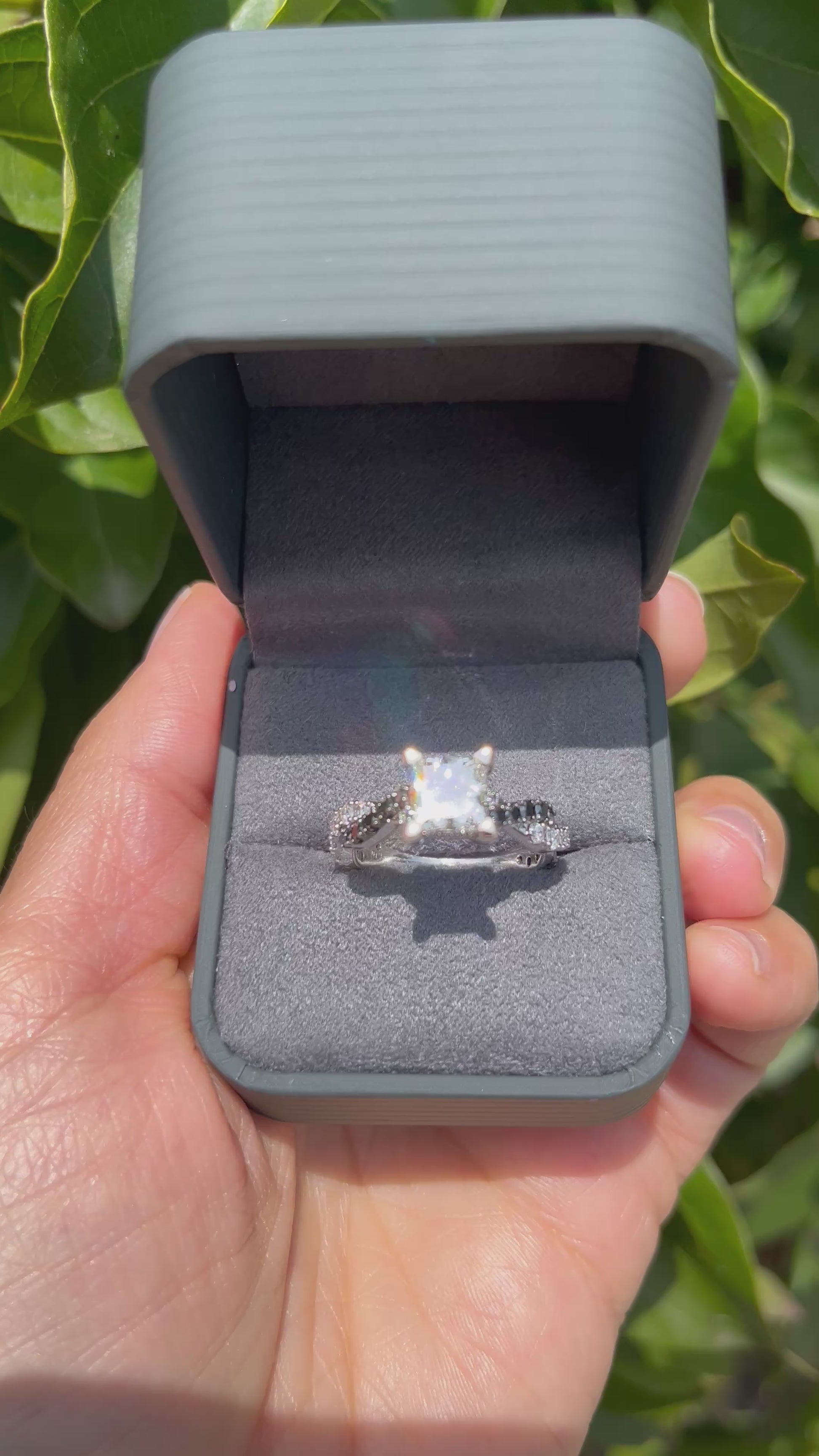Video of Ben Garelick 14K White Gold Large Luna Twist Hidden Halo Princess Cut Center Black & White Diamond Engagement in Ring Box