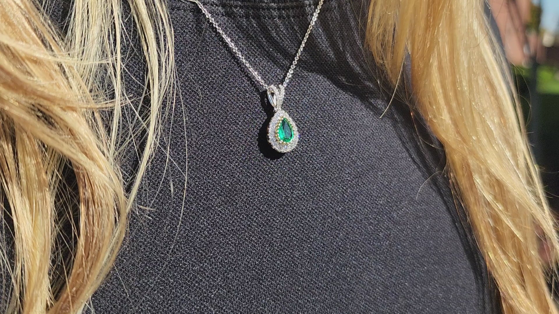 Video of Simon G. Two-Tone Gold Vintage Style Emerald Halo Teardrop Pendant on Neck