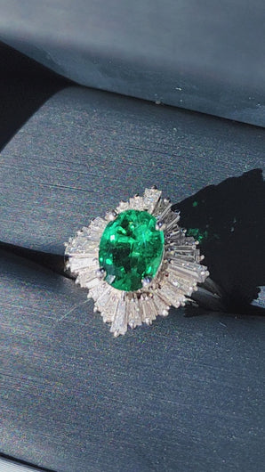 Video of Simon G. Oval Emerald & Tapered Diamond Baguette Halo Ballerina Ring