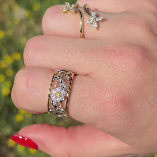 Simon G. Two-Tone Yellow & White Vintage Style Flower Diamond Ring on Finger