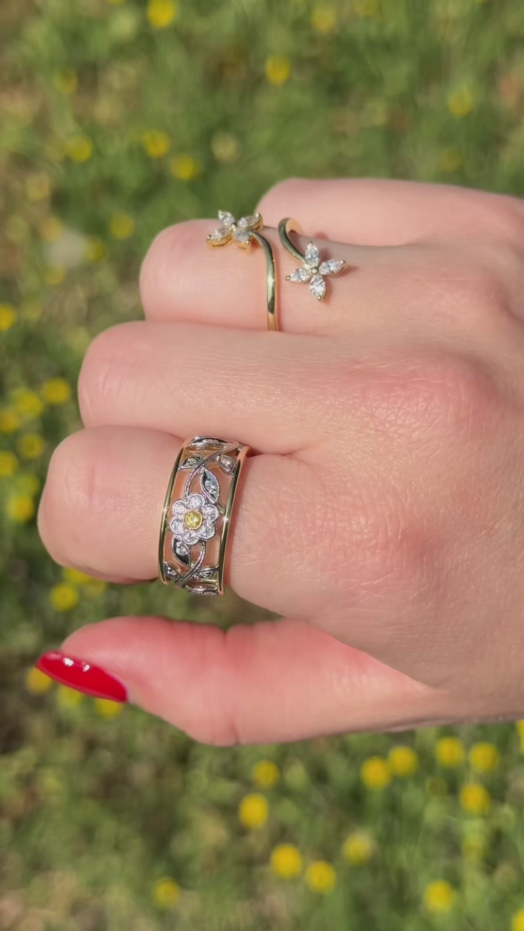 Simon G. Two-Tone Yellow & White Vintage Style Flower Diamond Ring on Finger