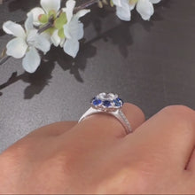 Load and play video in Gallery viewer, Barkev&#39;s Flower Halo Blue Sapphire Diamond Engagement Ring
