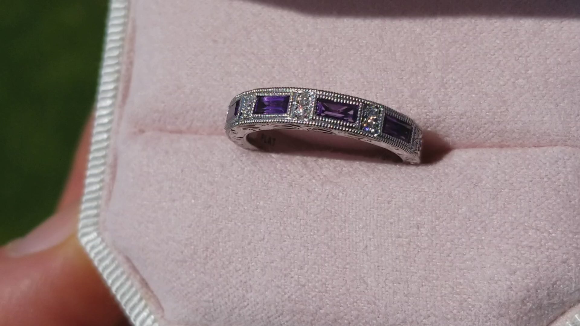 Kirk Kara White Gold "Charlotte" Baguette Cut Purple Amethyst Diamond Wedding Band Full Shot Video in Box 