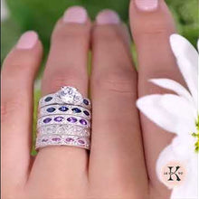Load and play video in Gallery viewer, Kirk Kara White Gold &quot;Dahlia&quot; Marquise Cut Blue Sapphire Diamond Wedding Band With Other Colored Stone Variations On Model Hand Video
