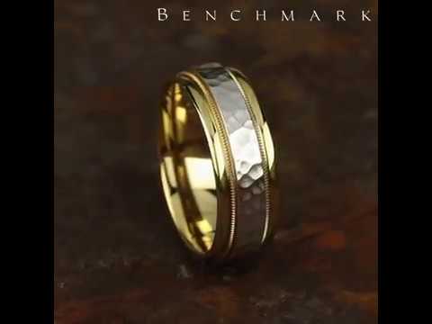 Benchmark The Baxter 8MM Yellow and White Gold Hammered Two-Tone Milgrain Wedding Band