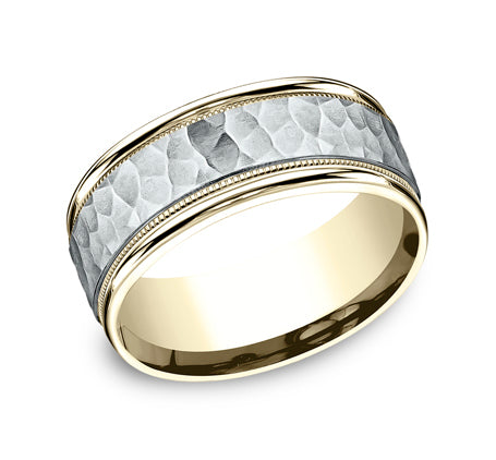 Benchmark The Baxter 8MM White and Yellow Gold Hammered Two-Tone Milgrain Wedding Band