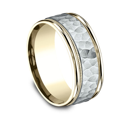 Benchmark The Baxter 8MM White and Yellow Gold Hammered Two-Tone Milgrain Wedding Band
