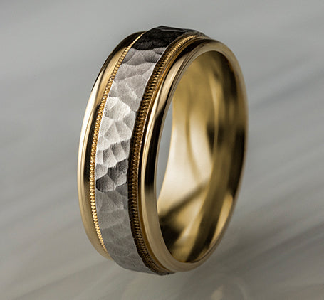 Benchmark The Baxter 8MM White and Yellow Gold Hammered Two-Tone Milgrain Wedding Band