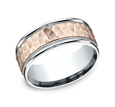 Benchmark The Baxter 8MM White and Rose Gold Hammered Two-Tone Milgrain Wedding Band