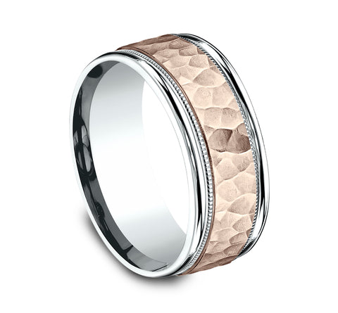 Benchmark The Baxter 8MM White and Rose Gold Hammered Two-Tone Milgrain Wedding Band