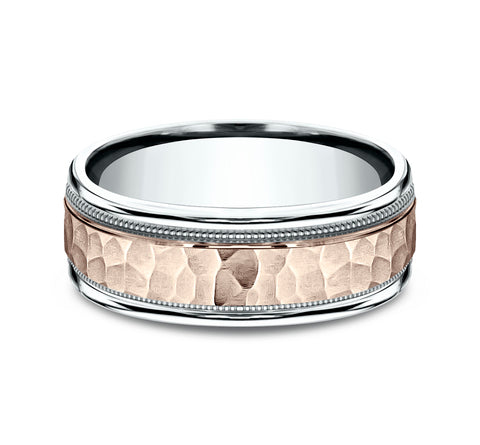 Benchmark The Baxter 8MM White and Rose Gold Hammered Two-Tone Milgrain Wedding Band