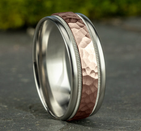 Benchmark The Baxter 8MM White and Rose Gold Hammered Two-Tone Milgrain Wedding Band