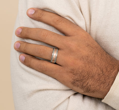 Benchmark The Baxter 8MM White and Rose Gold Hammered Two-Tone Milgrain Wedding Band