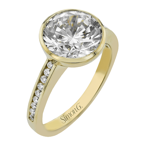 Simon G. LR4087 Yellow Gold Round Cut Bezel Set Diamond Engagement Ring with Channel Set Side Diamonds