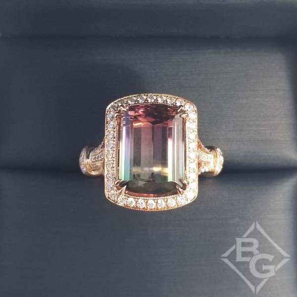 Simon G. Elongated Cushion Watermelon Tourmaline Halo Ring