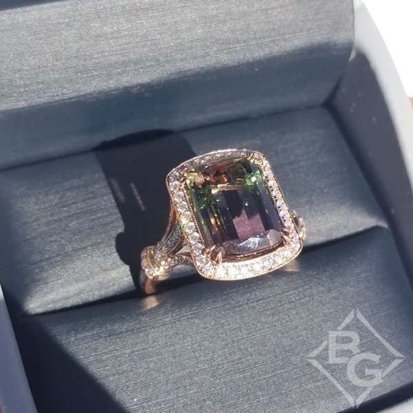 Simon G. Elongated Cushion Watermelon Tourmaline Halo Ring