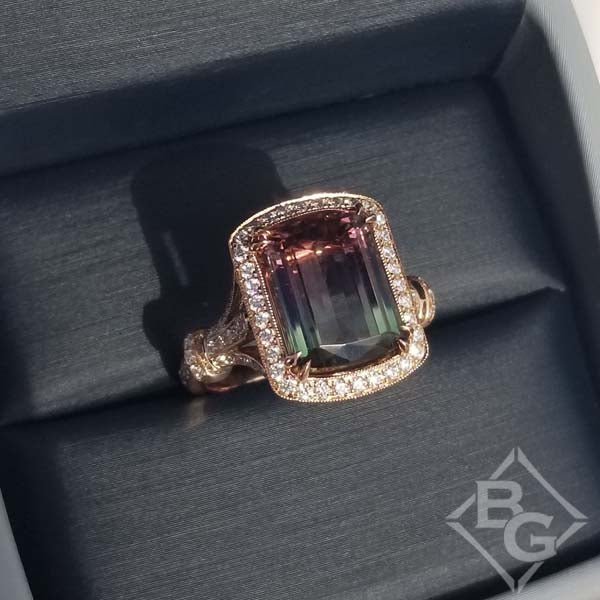 Simon G. Elongated Cushion Watermelon Tourmaline Halo Ring