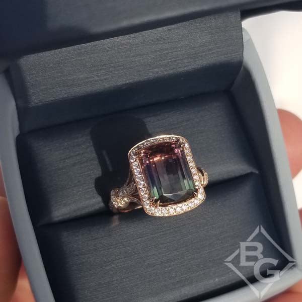 Simon G. Elongated Cushion Watermelon Tourmaline Halo Ring