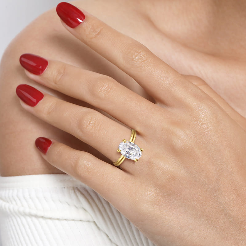 Gabriel & Co. Unite Two-Tone 14K Yellow & White Gold Contemporary Oval Solitaire 3.00 Carat Diamond Engagement Ring on Hand