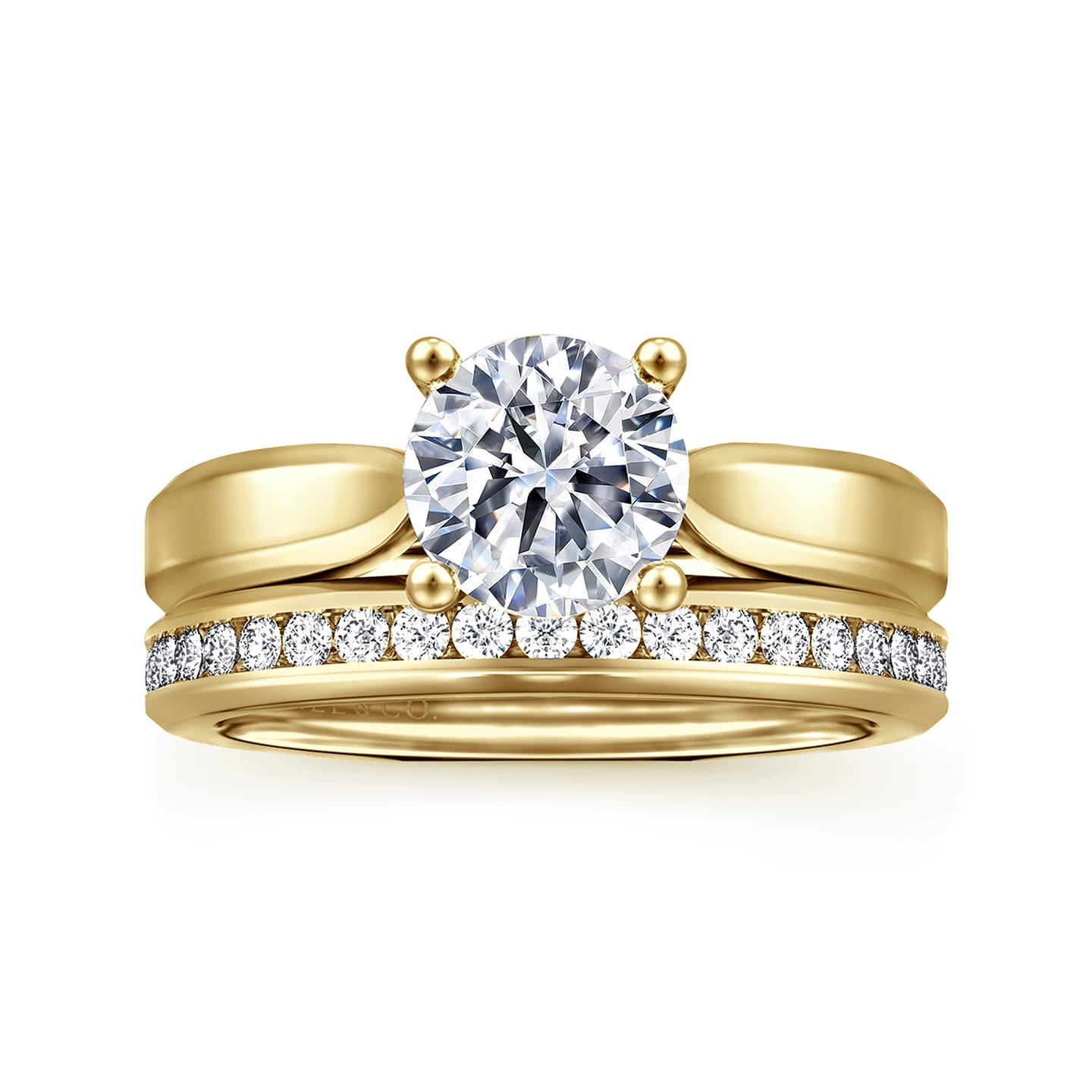 Gabriel & Co. Jamie Yellow Gold 1.25 Carat Round Solitaire Diamond Engagement Wedding Ring Set 