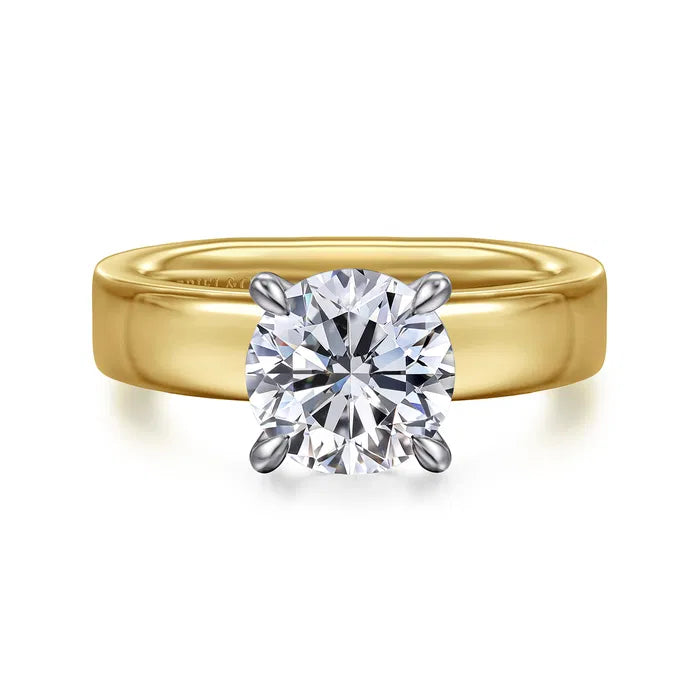 Gabriel & Co. Aura 14K Yellow & White Gold Cigar Style Solitaire Diamond Engagement Ring Featuring a 2.00 Carat Center Diamond 