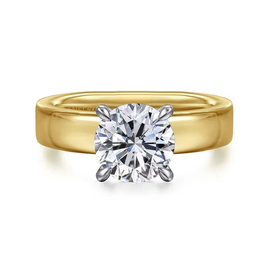Gabriel & Co. Aura 14K Yellow & White Gold Cigar Style Solitaire Diamond Engagement Ring Featuring a 2.00 Carat Center Diamond 