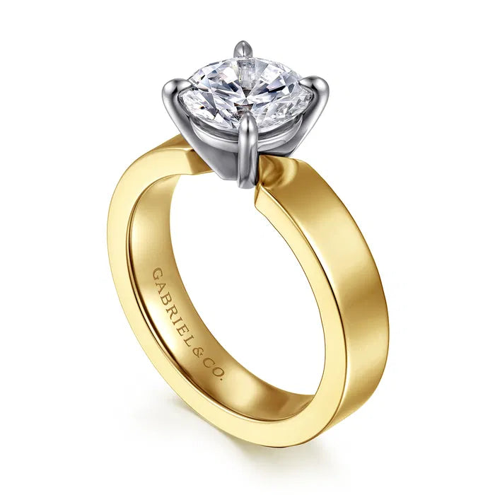 Gabriel & Co. Aura 14K Yellow & White Gold Cigar Style Solitaire Diamond Engagement Ring Featuring a 2.00 Carat Center Diamond 