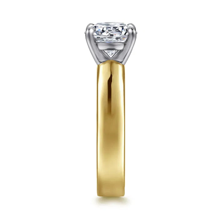 Gabriel & Co. Aura 14K Yellow & White Gold Cigar Style Solitaire Diamond Engagement Ring Featuring a 2.00 Carat Center Diamond 