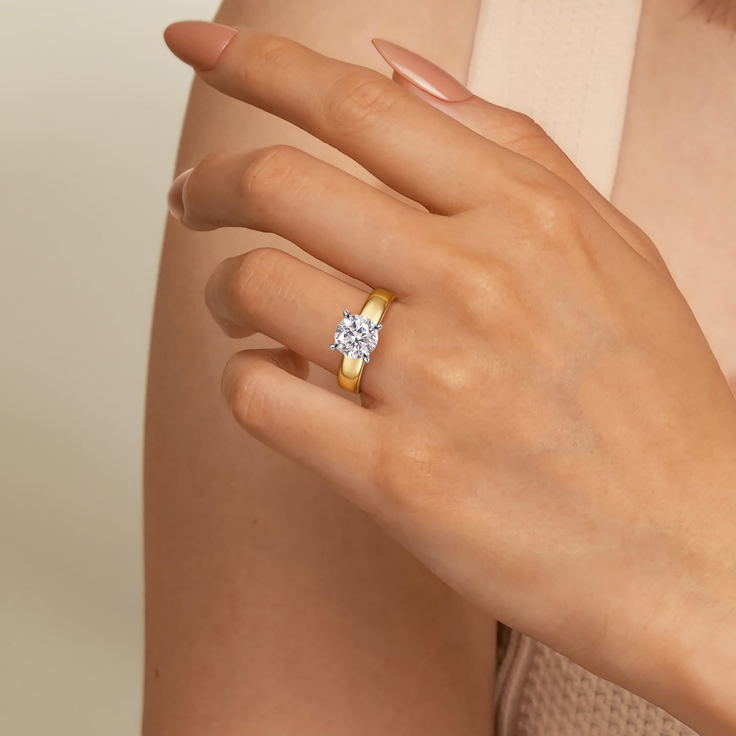 Gabriel & Co. Aura 14K Yellow & White Gold Cigar Style Solitaire Diamond Engagement Ring Featuring a 2.00 Carat Center Diamond on Hand