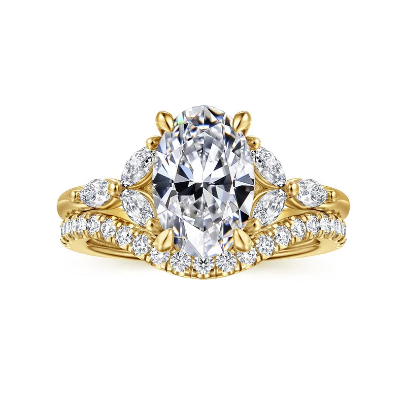 Gabriel & Co. Adella 14K Yellow Gold Floral Nouveau 2.00 Carat Oval Diamond Split Shank Diamond Engagement Ring Wedding Set