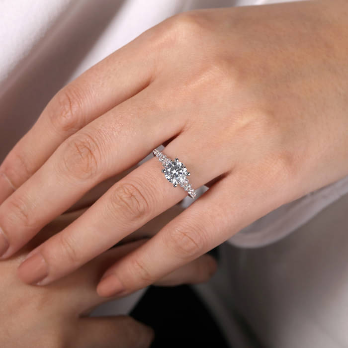 Gabriel & Co. White Gold Darby Graduating Diamond Engagement Ring on Hand