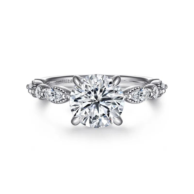 Gabriel & Co. Cindie Victorian White Gold With 2.00 Carat Round Center Diamond and  Marquise and Round Cut Side Diamonds with Milgrain Edging Diamond Side Engagement Ring