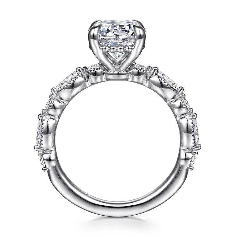 Gabriel & Co. Cindie Victorian White Gold With 2.00 Carat Round Center Diamond and  Marquise and Round Cut Side Diamonds with Milgrain Edging Diamond Side Engagement Ring